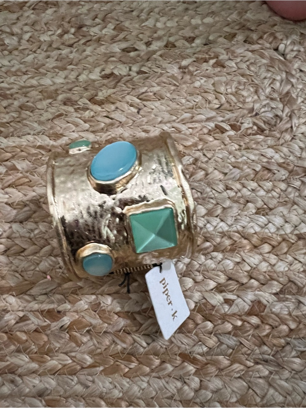 Gold-Tone Hammered Cuff Bracelet with Mint and Sky Blue Stones NWT NO FLAWS